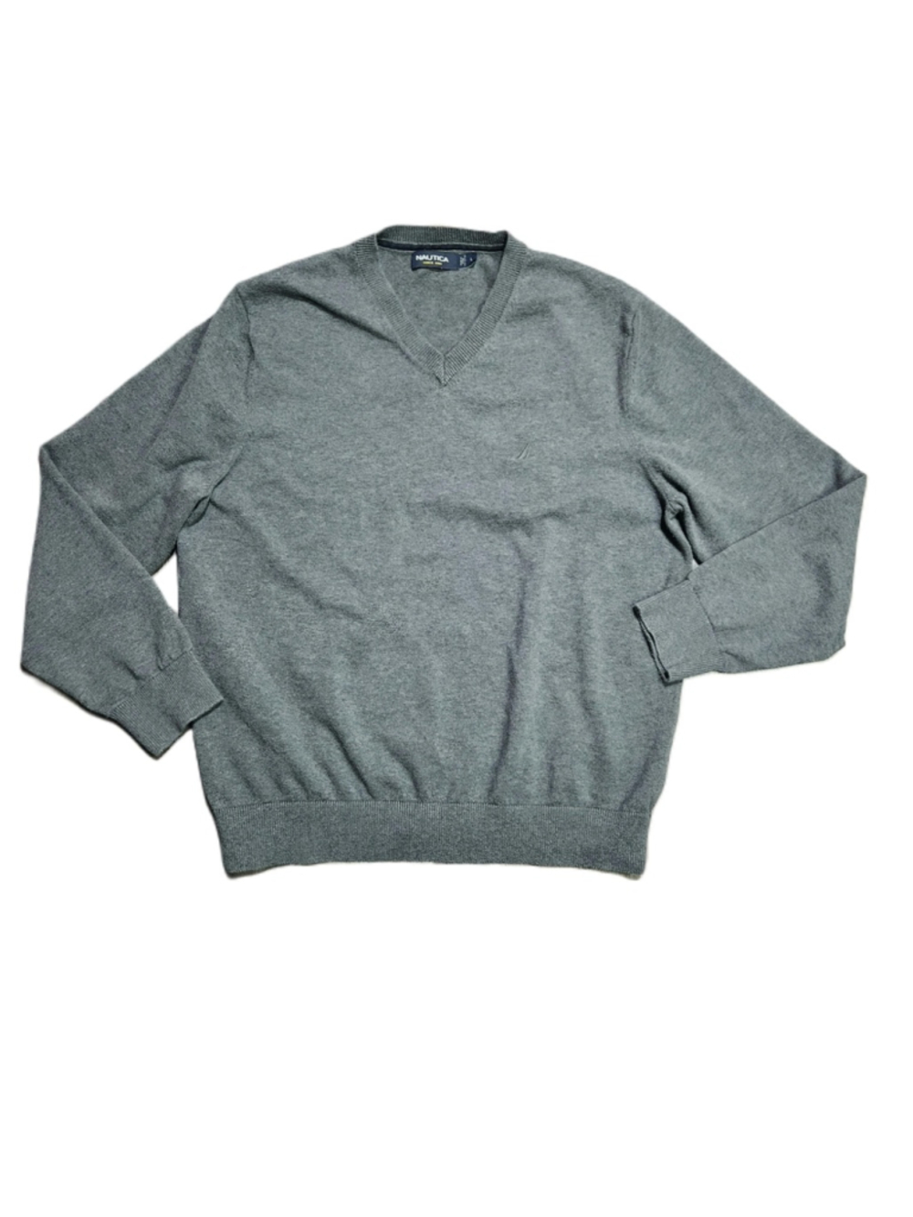 Nautica Mens Gray V Neck Long Sleeve Sweater Shirt Large
